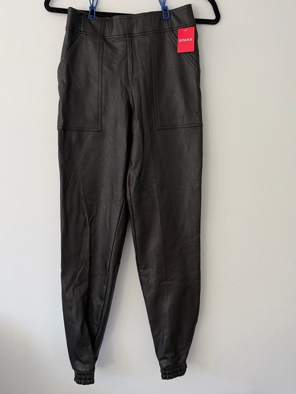 SPANX Men's Black Faux-Leather Joggers with Front Patch Pockets